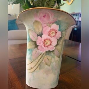 Vintage 1970’s Hand painted Victorian Style Gold Gilt Trim Porcelain Vase Signed
